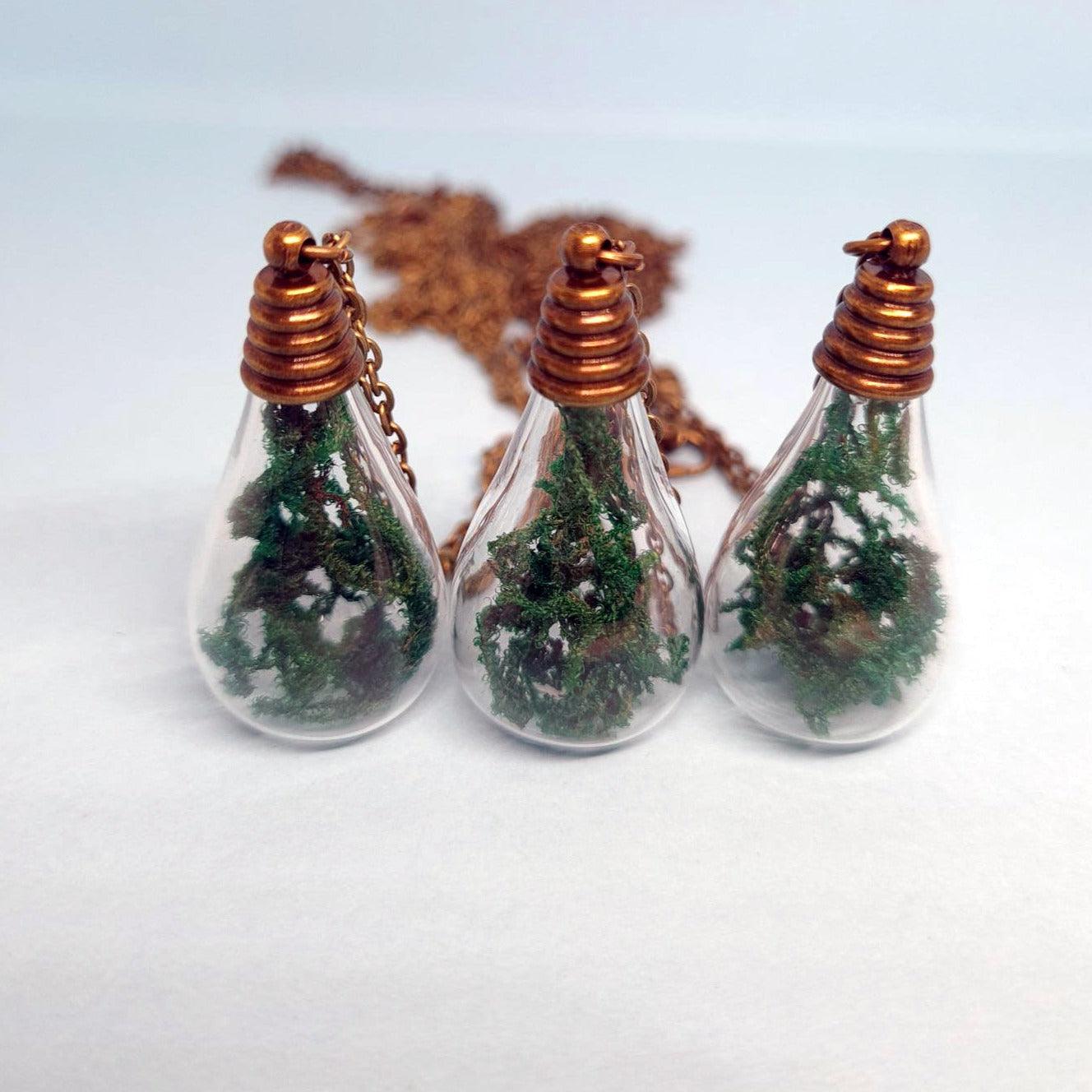 Glass Tear drop Necklace - Mini Moss Terrarium - Strawberry Moon Jewellery