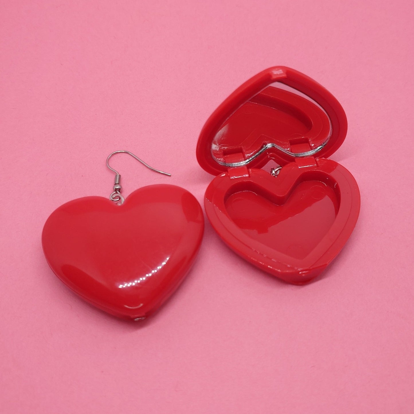 Mini heart compact mirror earrings