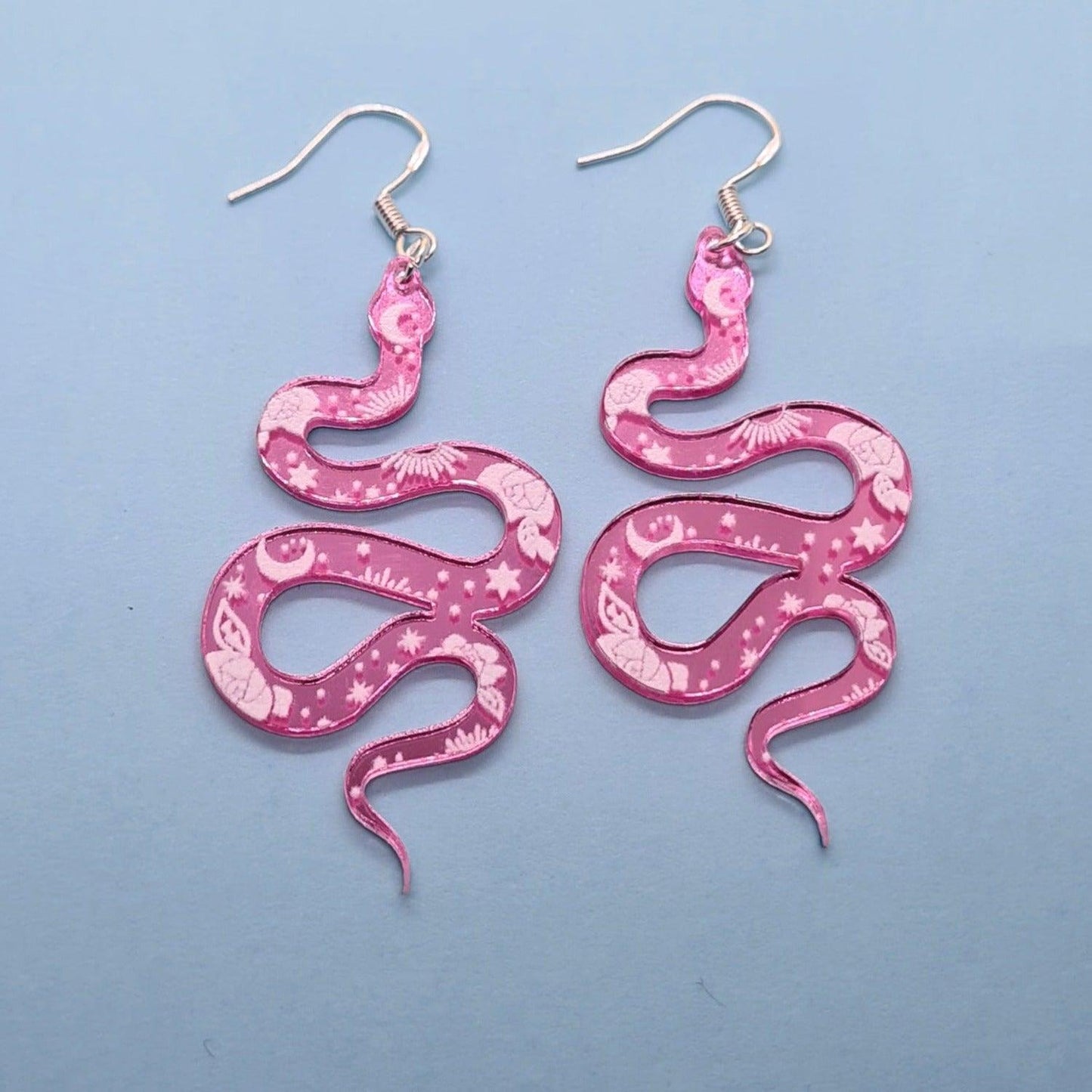 Pink reflective snake earrings - Strawberry Moon Jewellery
