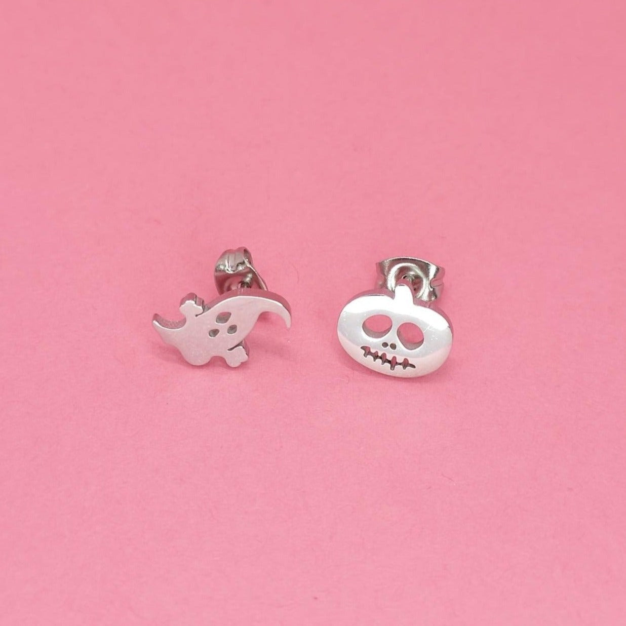 Halloween ghost and pumpkin stud earrings.