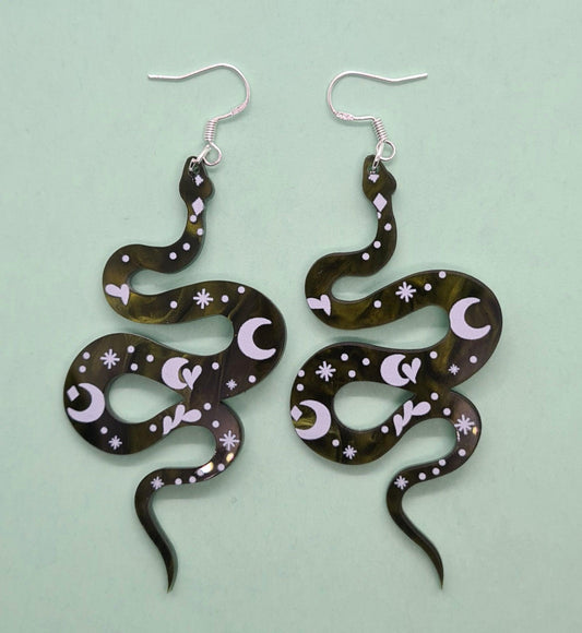 Moss green marble effect snake earrings - Strawberry Moon Jewellery 