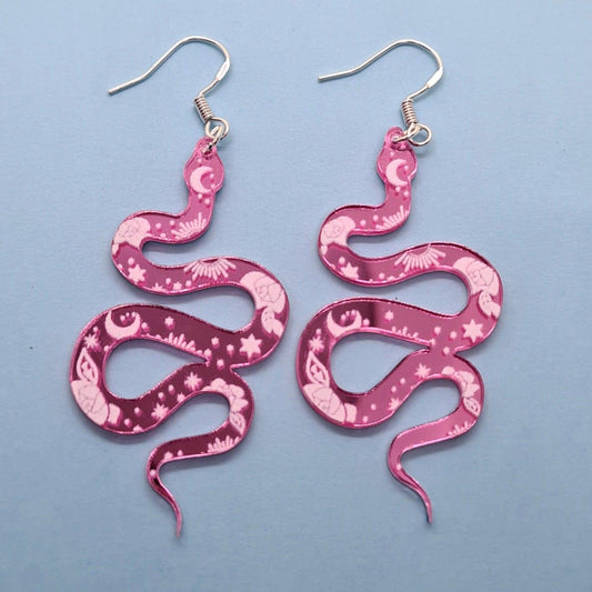 Pink reflective snake earrings - Strawberry Moon Jewellery 