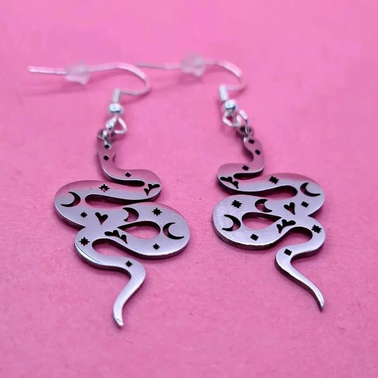Brushed stainless steel solstice snakes. - Strawberry Moon Jewellery 