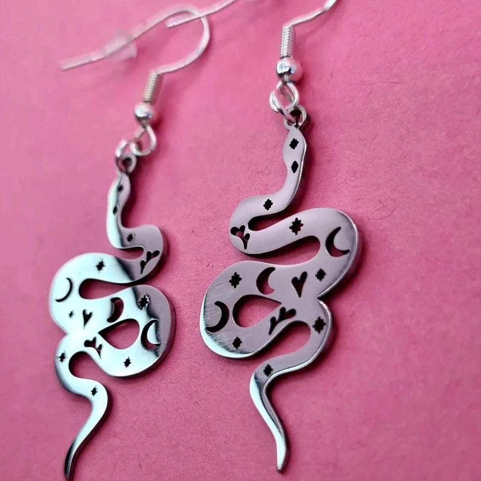 Brushed stainless steel solstice snakes. - Strawberry Moon Jewellery 