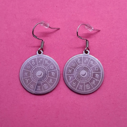 Stainless steel zodiac moon wheel earrings. - Strawberry Moon Jewellery 