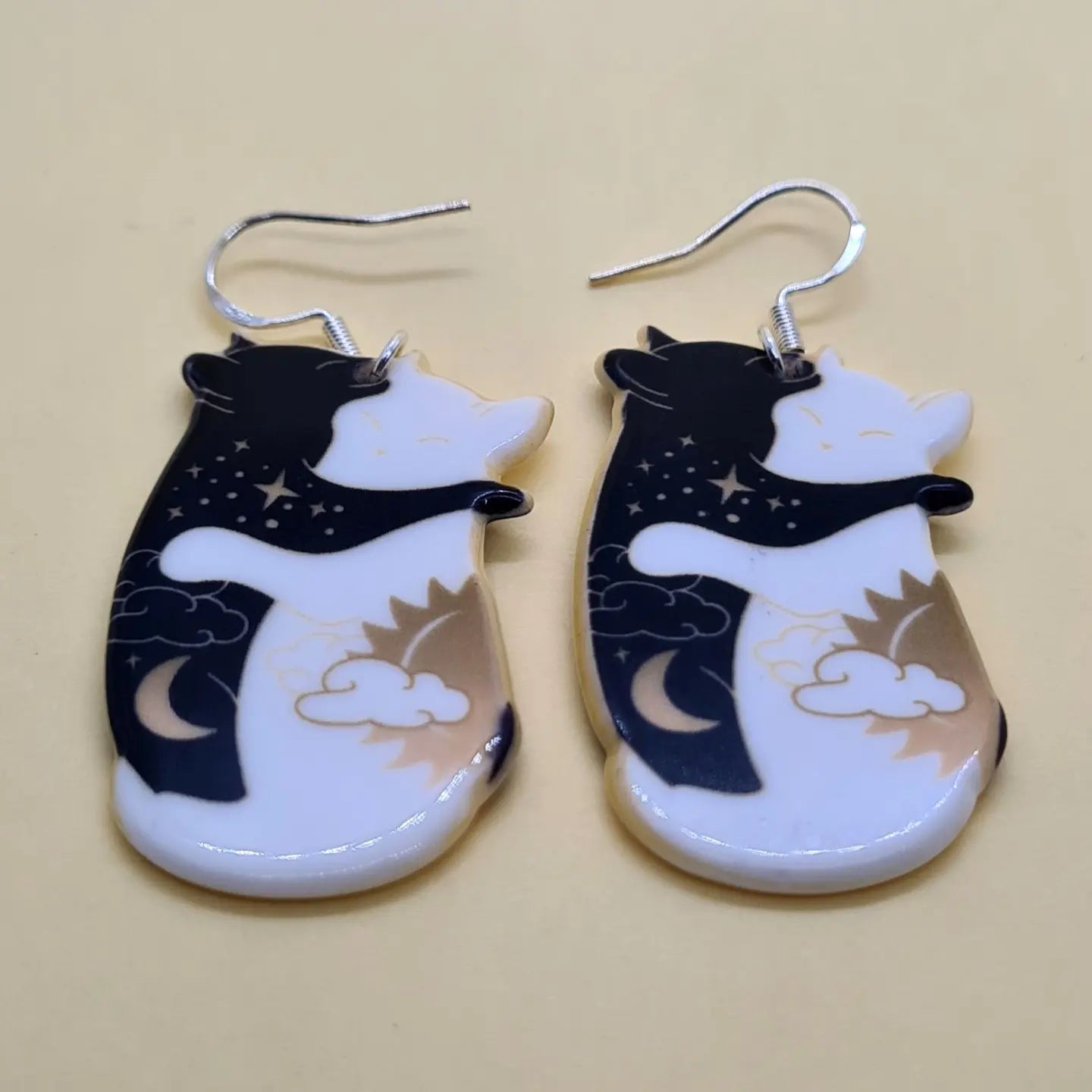 Sun and moon cuddling cat earrings. - Strawberry Moon Jewellery 