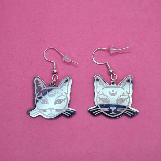 Stainless steel cosmic kitty earrings - Strawberry Moon Jewellery 