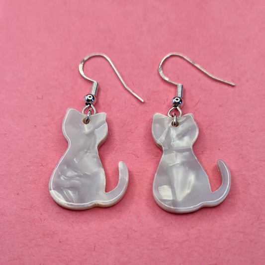 White pearlescent cat drop earrings - Strawberry Moon Jewellery 