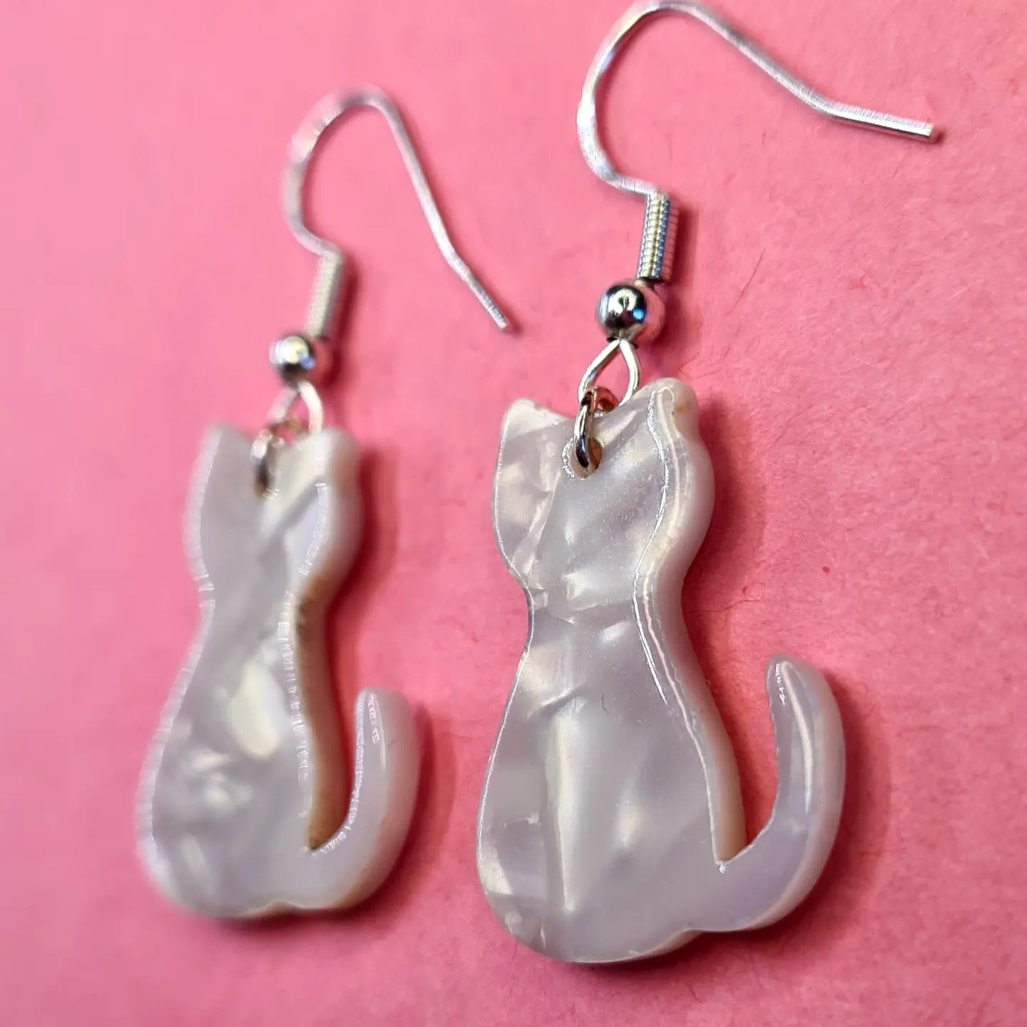White pearlescent cat drop earrings - Strawberry Moon Jewellery 