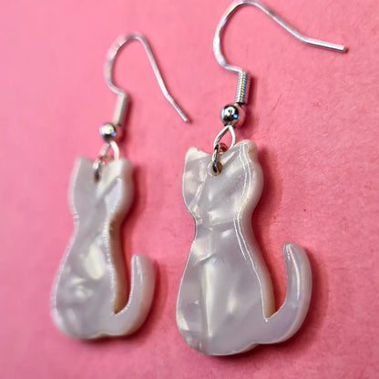 White pearlescent cat drop earrings - Strawberry Moon Jewellery 